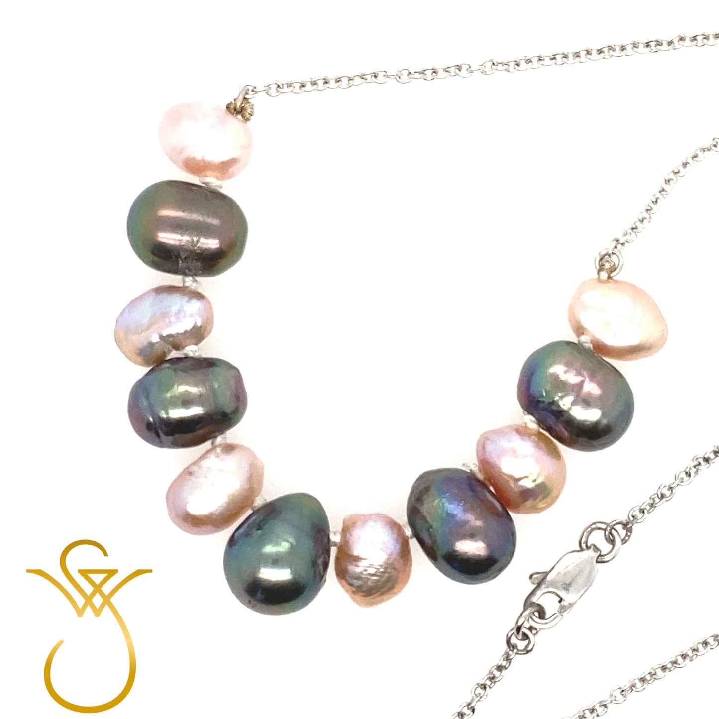 Zoetwater parelcollier Baroque met sterling zilver ankercollier, gerhodineerd.